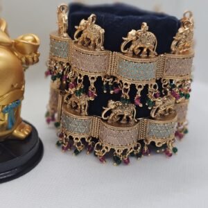 Mint Pink Meena Elephant Bangles with Gungri (112-4210)