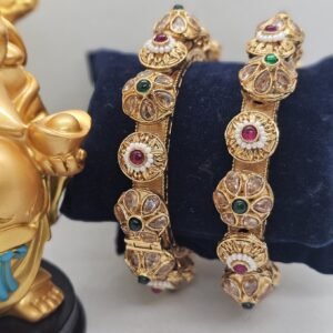 Ruby Green Pearl Based Gokhru Style Copper Bangles (112-4224)